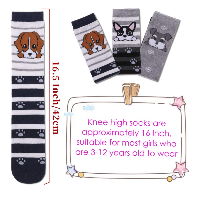 FNOVCO Girls Knee High Socks Kids Crazy Fun Gift Cute Animal Patterns Cotton Long Socks 3 Pairs (Dog) - Image 2